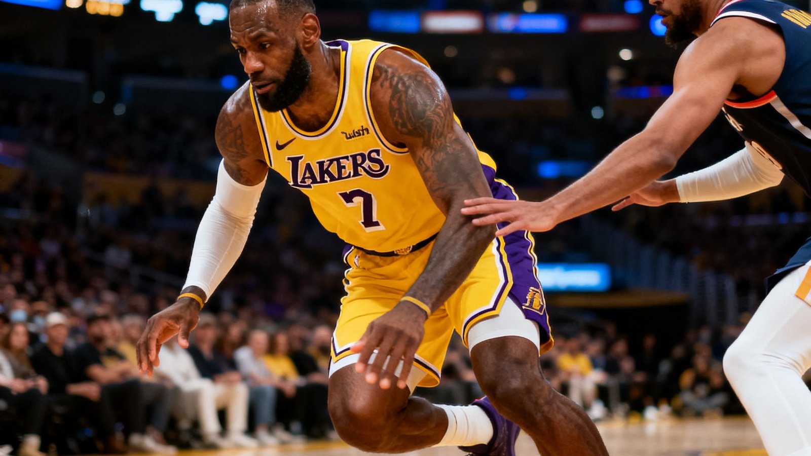 NBA高清直播中洛杉矶湖人队进攻瞬间，球馆灯光璀璨，球员运球突破防守，画面清晰流畅