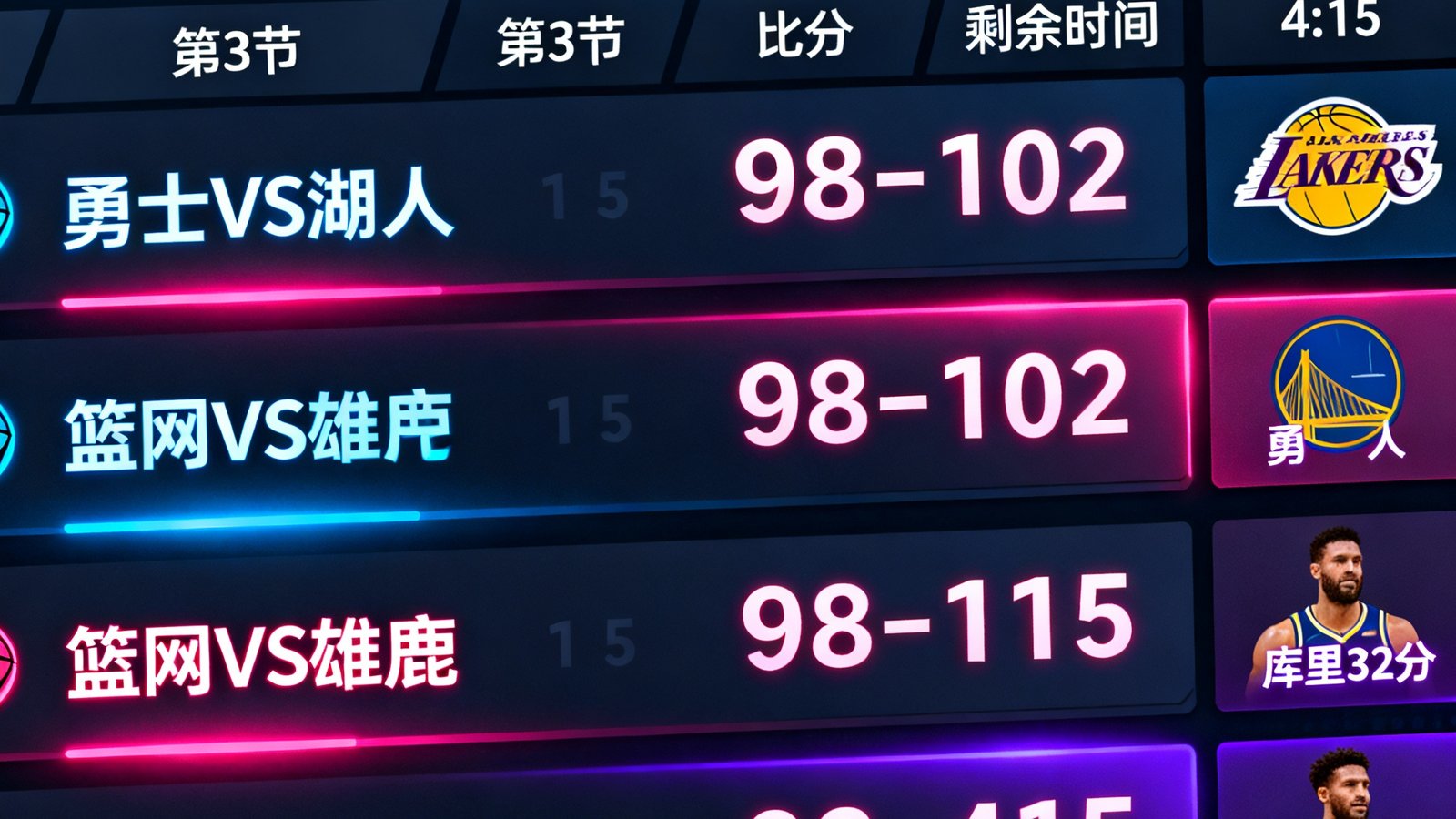 篮球比分网实时比分直播大屏展示，多场比赛数据同时呈现在深色界面上，霓虹色彩点缀的数字化仪表盘风格